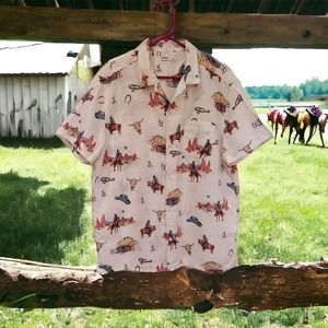 Sonoma Cowboy Western Icons Print Ivory Linen Blend Button-Front Shirt L